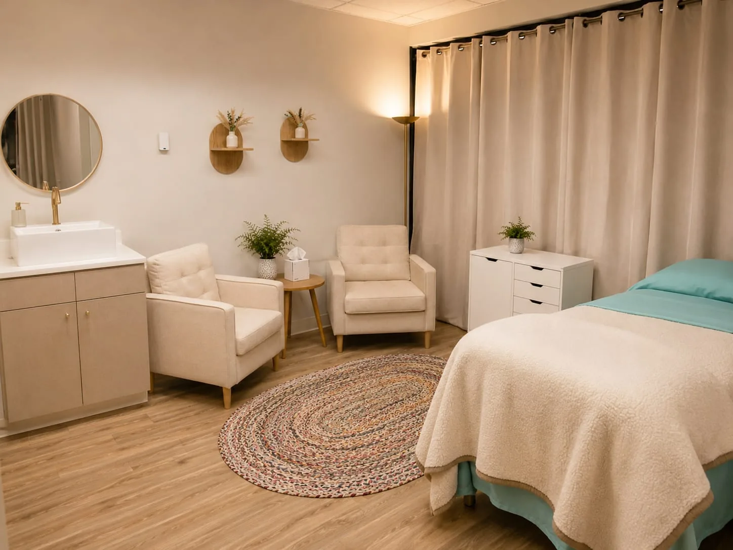 The consultation corner of the treatment room — two armchairs and a side table