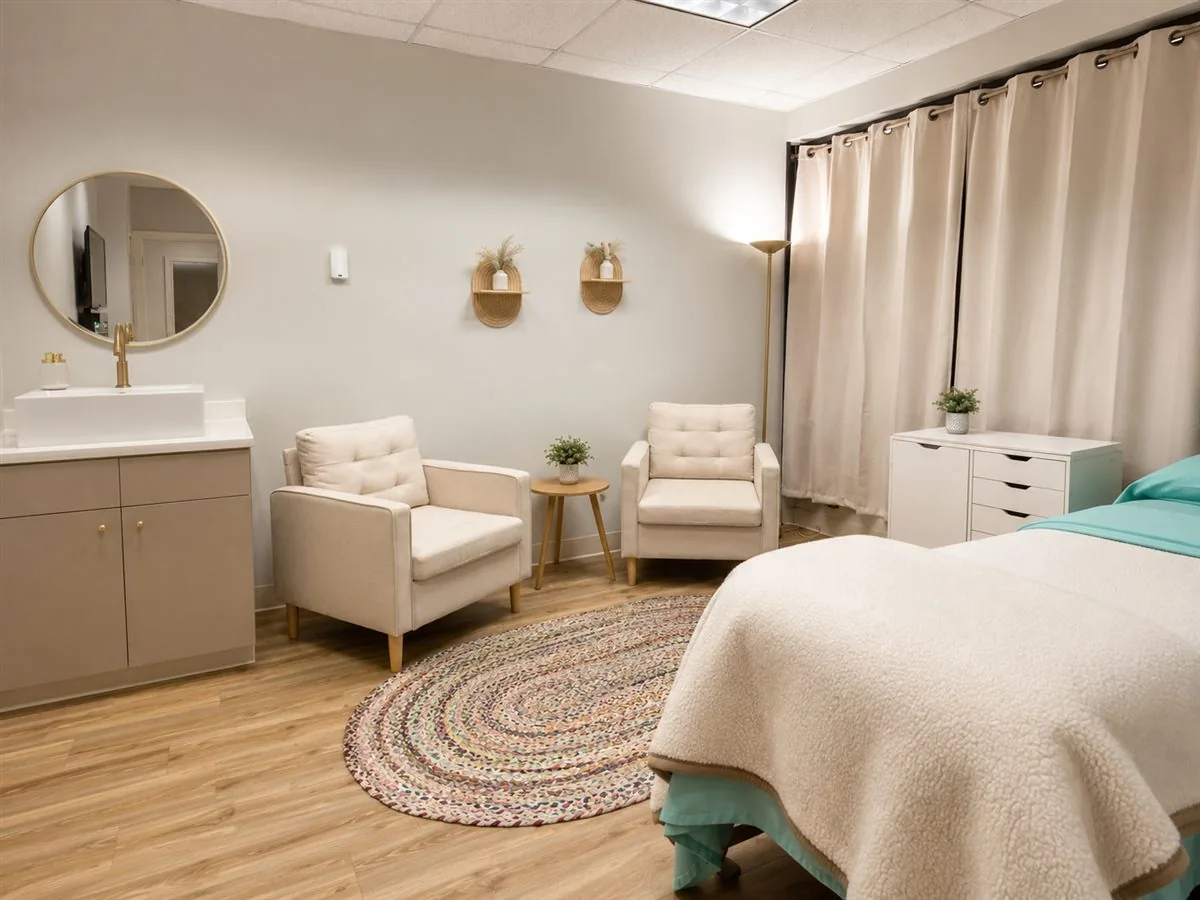 Treatment room at Conway Physical Therapy — armchairs, a braided rug, and a treatment table